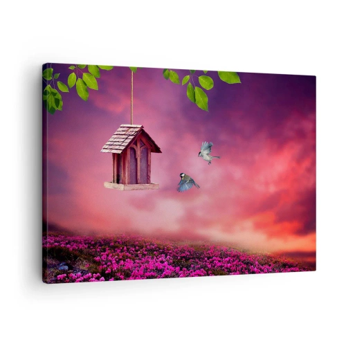 Quadro su tela - Stampe su Tela - Un paesaggio pittoresco con una casetta per gli uccelli e un tramonto - 70x50cm - Invito a cena - Decorazione murale moderna per soggiorno e camera da letto ARTTOR