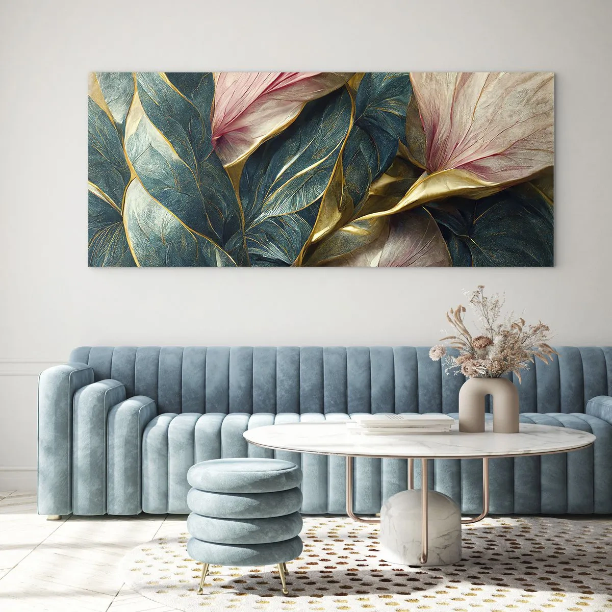 Quadro su vetro - Eleganti foglie in verde, oro e rosa - 160x50cm - Stile ed eleganza naturali - Decorazione murale moderna per soggiorno e camera da letto ARTTOR