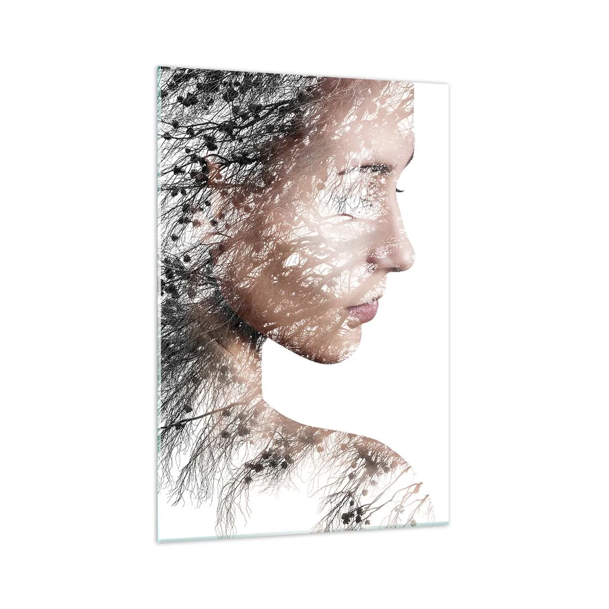 Quadro su vetro - Silhouette di una donna con un motivo di ramo e uccello sullo sfondo - 70x100cm - Lo spirito della foresta - Decorazione murale moderna per soggiorno e camera da letto ARTTOR