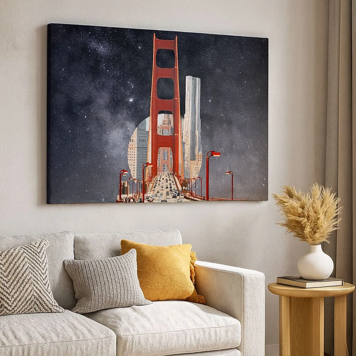 Quadro su tela - Stampe su Tela - Il Golden Gate Bridge con la città sullo sfondo contro un cielo stellato - 70x50cm - Sempre al centro - Decorazione murale moderna per soggiorno e camera da letto ARTTOR