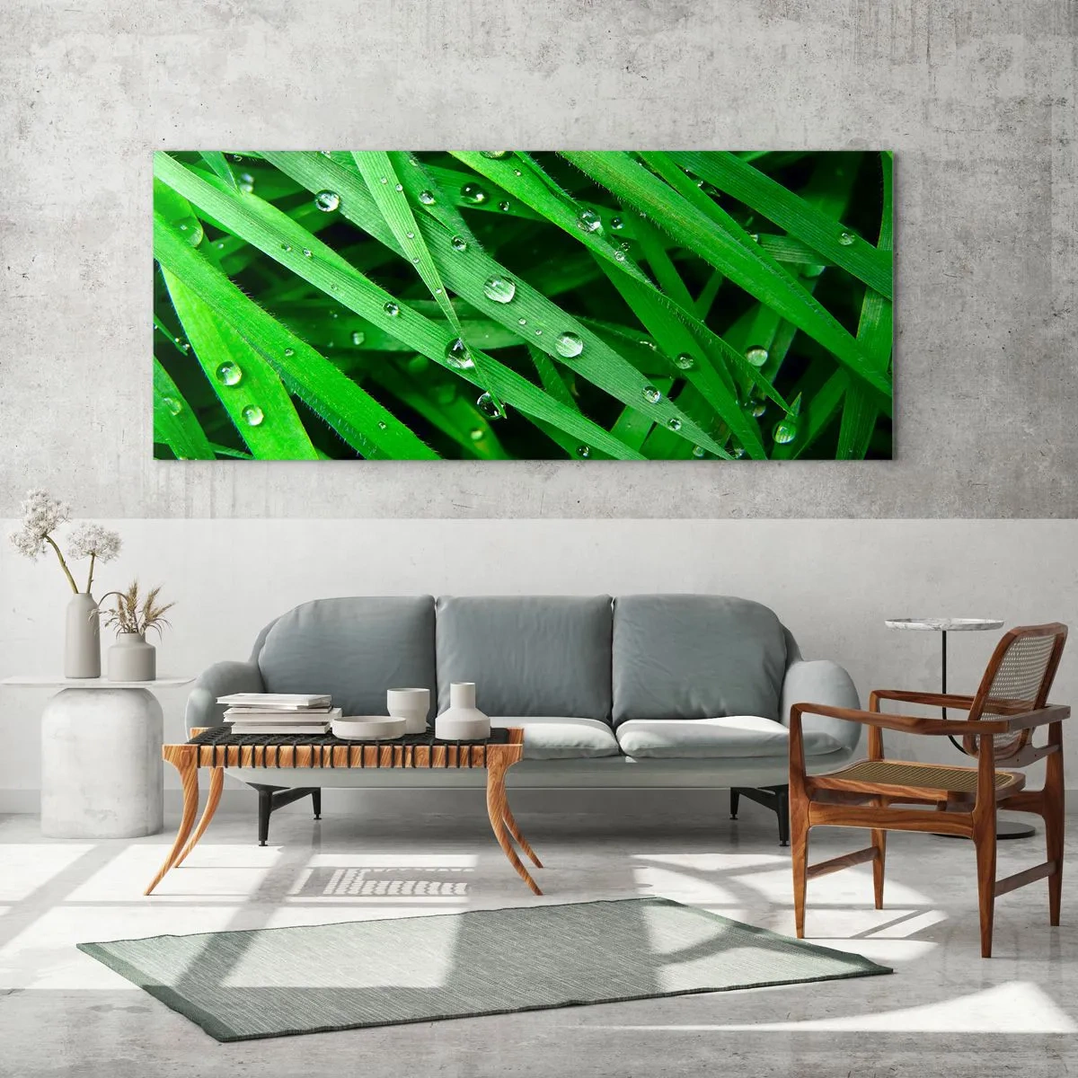 Quadro su vetro - Primo piano di fili d'erba verdi con gocce di rugiada - 120x50cm - Giocando con il verde - Decorazione murale moderna per soggiorno e camera da letto ARTTOR