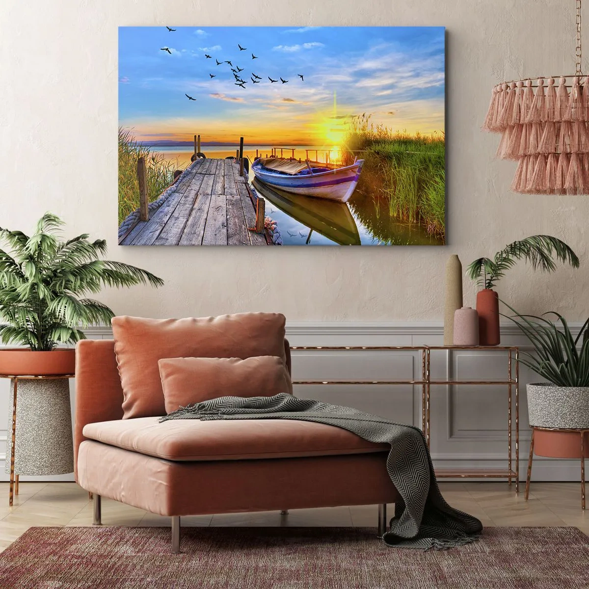 Quadro su tela - Stampe su Tela - Una barca su un molo di legno al tramonto - 100x70cm - A domani - Decorazione murale moderna per soggiorno e camera da letto ARTTOR