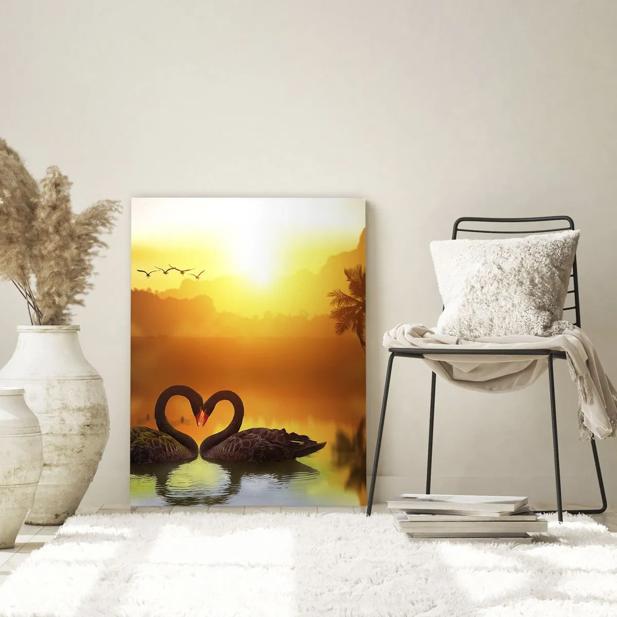 Quadro su vetro - Due cigni neri formano un cuore sullo sfondo di un tramonto sul lago - 70x100cm - Tutto in coppia - Decorazione murale moderna per soggiorno e camera da letto ARTTOR
