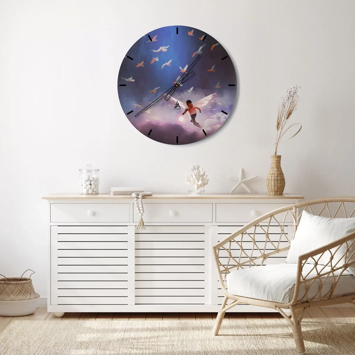 Orologio da parete - Orologio in Vetro - Una figura con ali d'angelo tra uccelli contro il cielo - 30x30cm - Bisogna avere fantasia e coraggio - Decorazione murale moderna per soggiorno, cucina e camera da letto ARTTOR