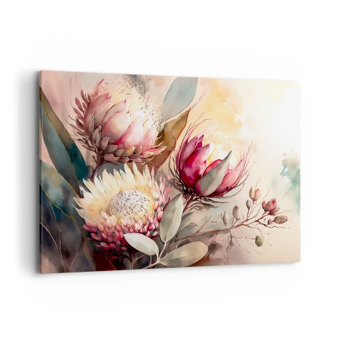 Quadro su tela - Stampe su Tela - Fiori di protea in delicate tonalità pastello - 120x80cm - Di profilo e di fronte - Decorazione murale moderna per soggiorno e camera da letto ARTTOR