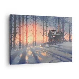 Quadro su tela - Stampe su Tela - Una casetta nel bosco in un paesaggio invernale con i raggi del sole al tramonto - 70x50cm - Qui solamente il sole osserva - Decorazione murale moderna per soggiorno e camera da letto ARTTOR