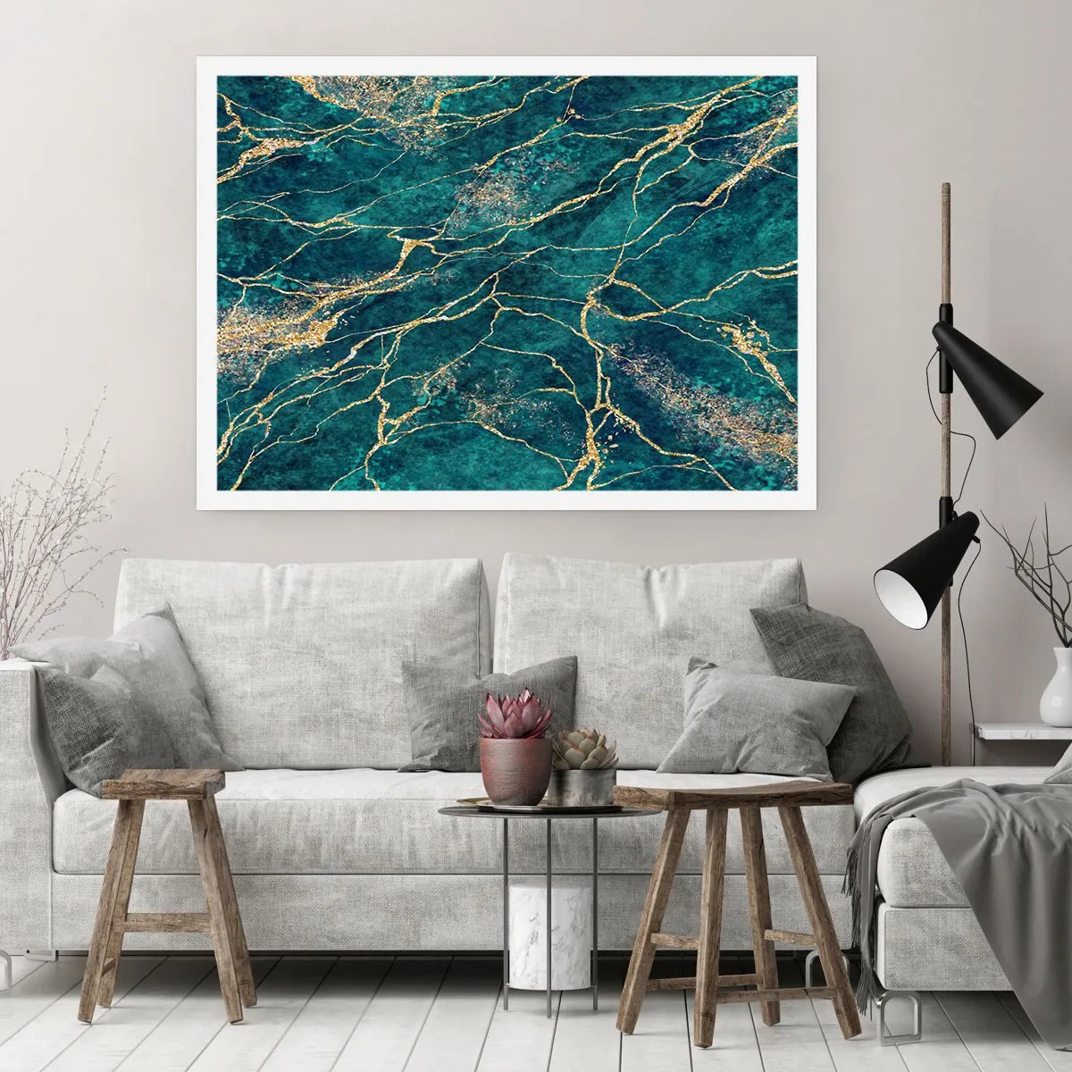 Poster - Motivo marmoreo strutturato nelle tonalità del turchese e dell'oro - 100x70cm - La vena d'oro - Decorazione murale moderna per soggiorno e camera da letto ARTTOR