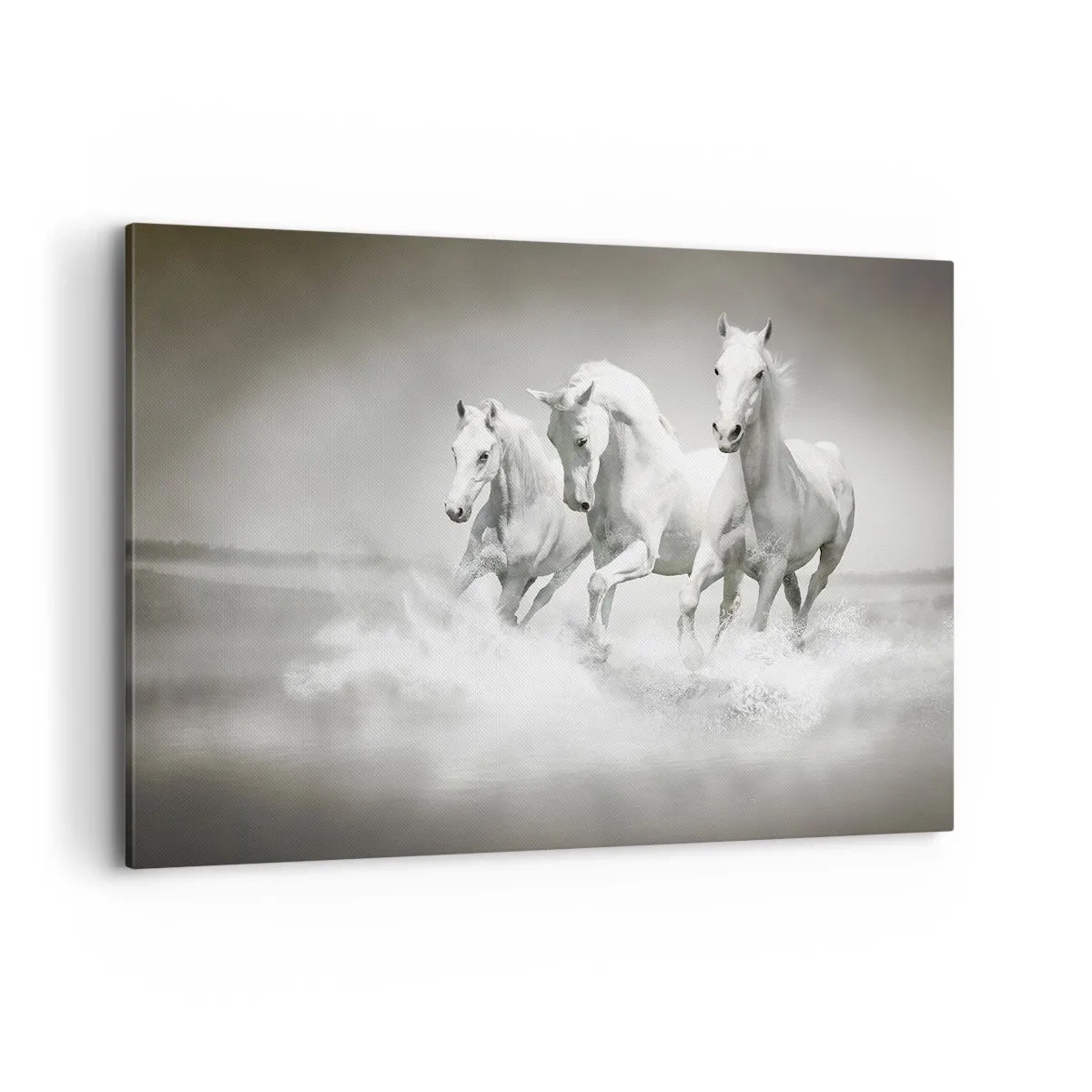 Quadro su tela - Stampe su Tela - Tre cavalli bianchi che galoppano nell'acqua - 100x70cm - Estasi bianca - Decorazione murale moderna per soggiorno e camera da letto ARTTOR