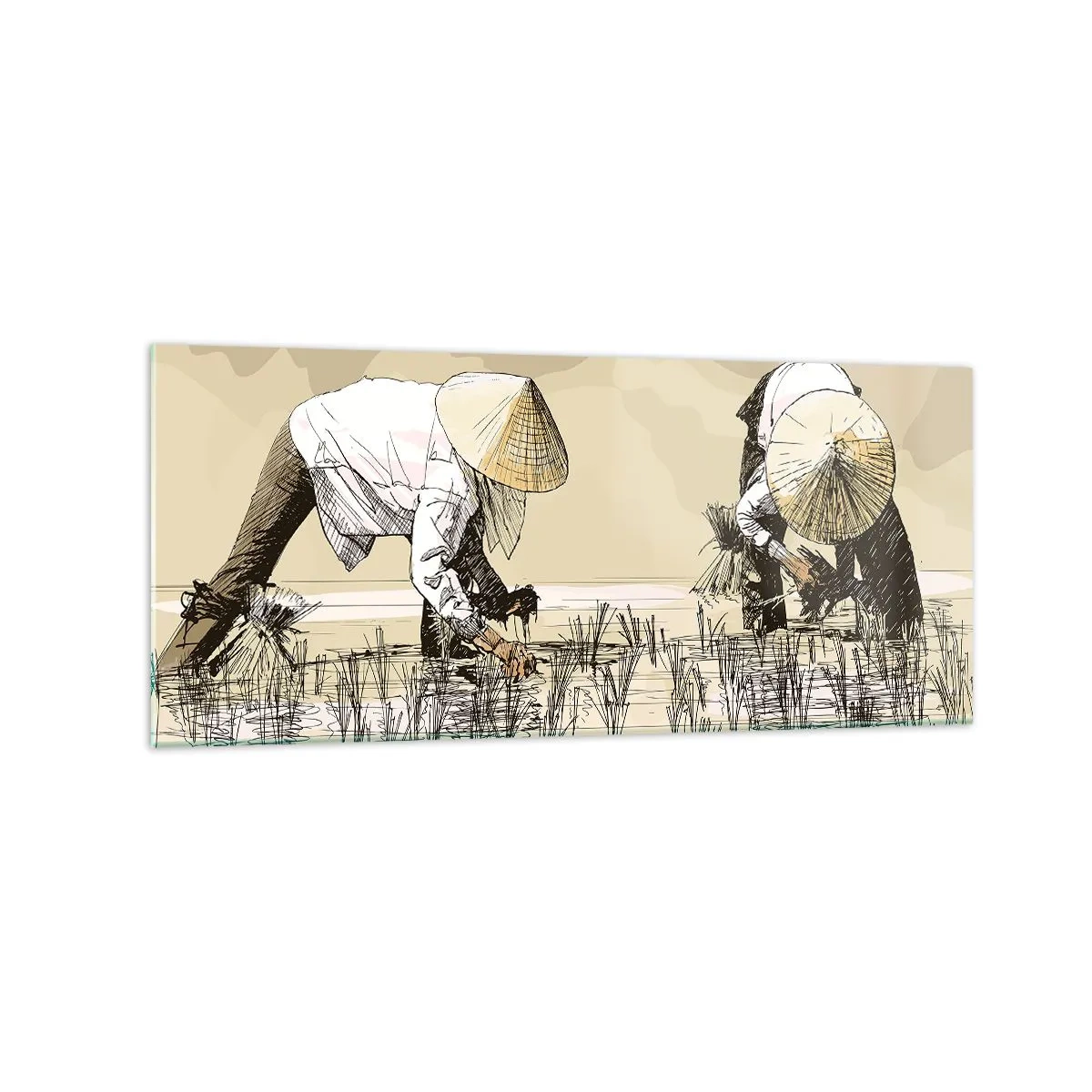 Quadro su vetro - Contadini che lavorano in una risaia indossando copricapi tradizionali - 120x50cm - Buon raccolto - Decorazione murale moderna per soggiorno e camera da letto ARTTOR
