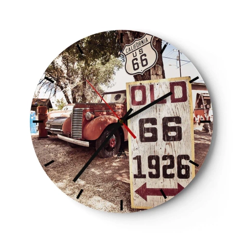 Orologio da parete - Orologio in Vetro - Un'auto d'epoca davanti a un cartello della Route 66 e a una targa di legno. - 30x30cm - La leggenda della provincia americana - Decorazione murale moderna per soggiorno, cucina e camera da letto ARTTOR