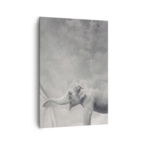 Quadro su tela - Stampe su Tela - Un elefante che scosta la tenda in una surreale ripresa in bianco e nero - 70x100cm - Svelare il mistero - Decorazione murale moderna per soggiorno e camera da letto ARTTOR