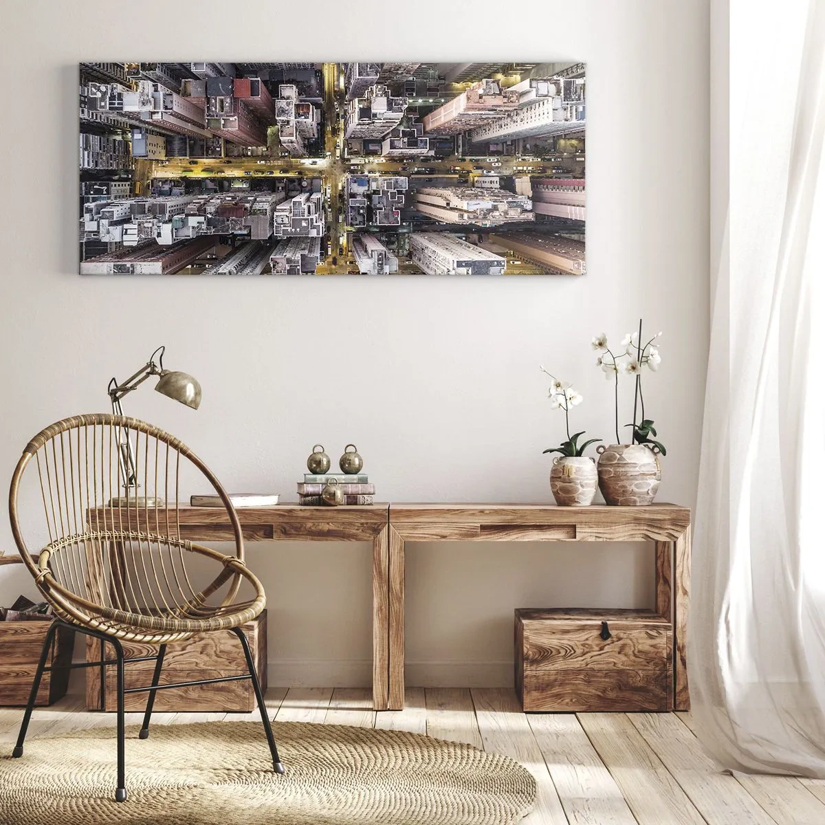 Quadro su tela - Stampe su Tela - Una vista a volo d'uccello di una città piena di grattacieli - 120x50cm - Saluti da Hong Kong - Decorazione murale moderna per soggiorno e camera da letto ARTTOR