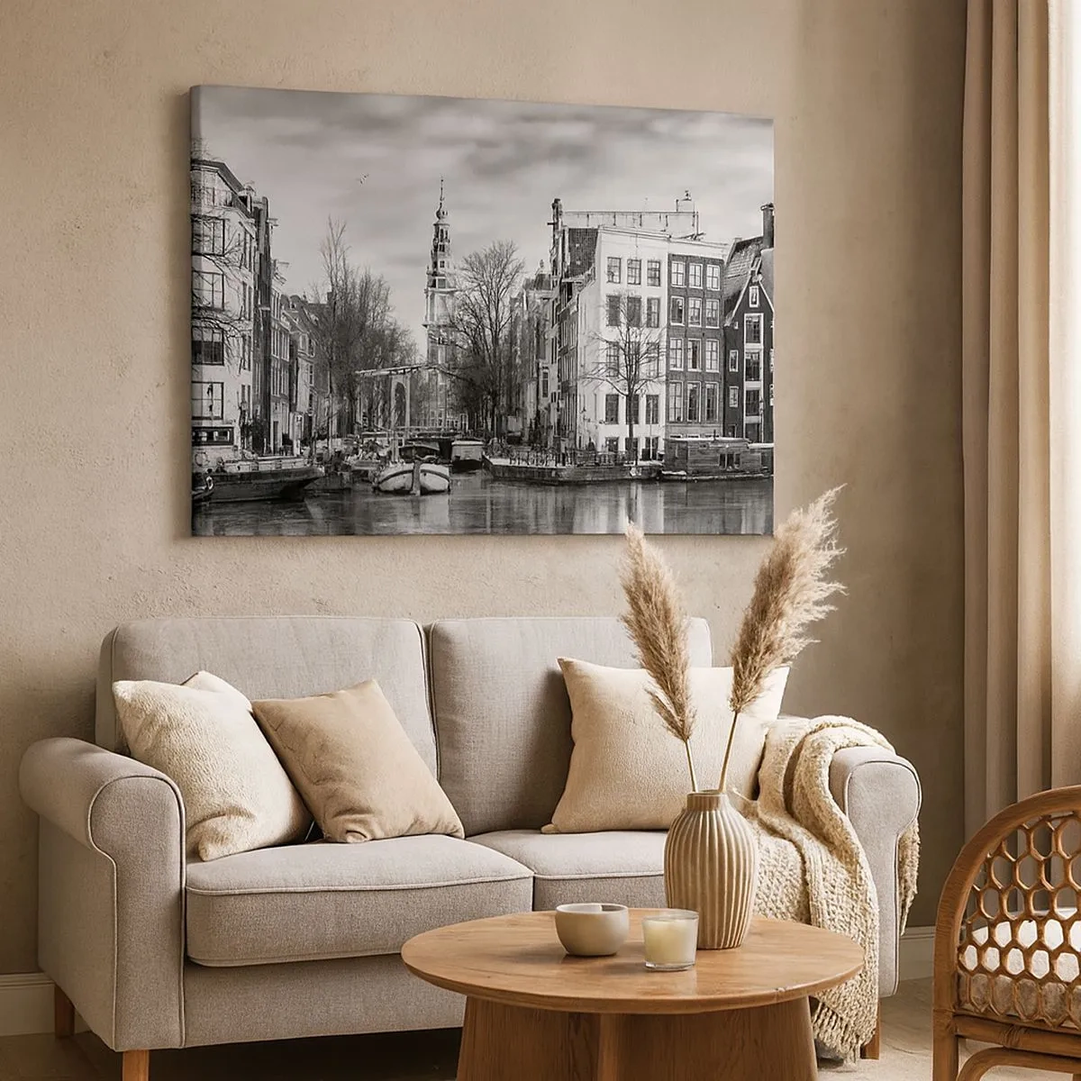 Quadro su tela - Stampe su Tela - Panorama in bianco e nero di Amsterdam con canale ed edifici storici - 70x50cm - Atmosfera di Amsterdam - Decorazione murale moderna per soggiorno e camera da letto ARTTOR