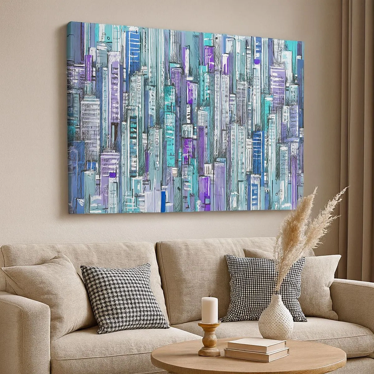 Quadro su tela - Stampe su Tela - Illustrazione di una città con edifici geometrici nelle tonalità del blu e del viola. - 70x50cm - Bluastri dal cielo - Decorazione murale moderna per soggiorno e camera da letto ARTTOR
