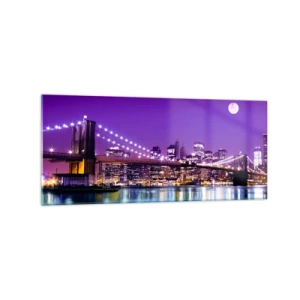 Quadro su vetro - Ponte di Brooklyn di notte con la città illuminata e la luna piena - 120x50cm - Luce della grande città in viola - Decorazione murale moderna per soggiorno e camera da letto ARTTOR