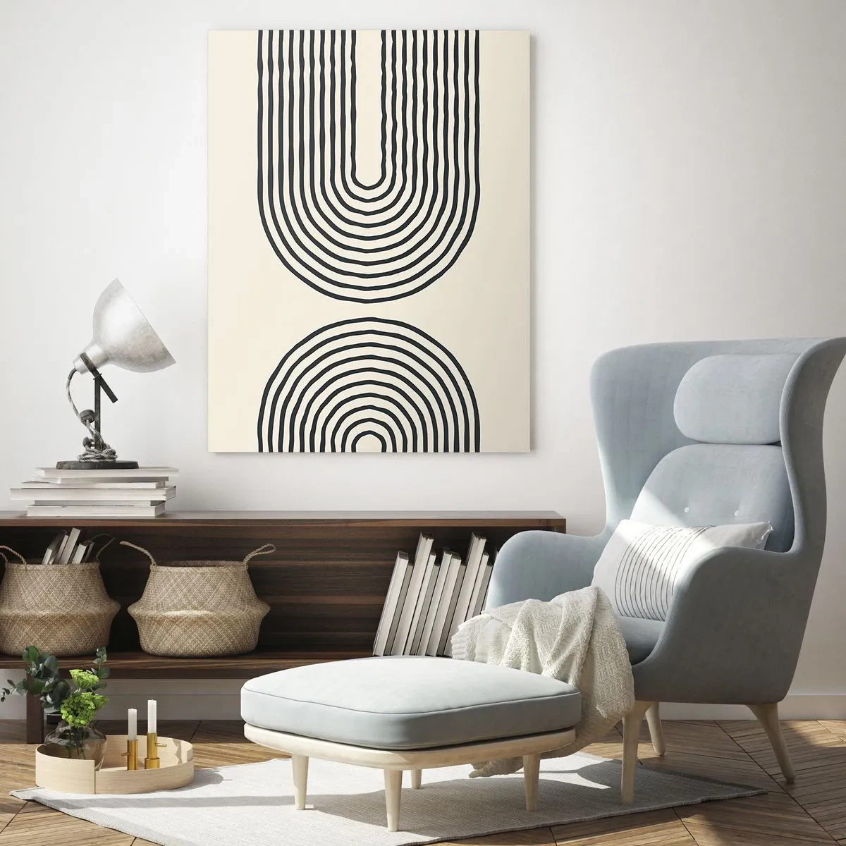 Quadro su vetro - Un dipinto astratto in bianco e nero raffigurante linee ad arco. - 50x70cm - Tra un attimo... - Decorazione murale moderna per soggiorno e camera da letto ARTTOR