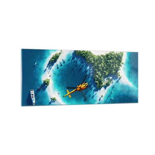 Quadro su vetro - Un'isola tropicale circondata da acque turchesi con un elicottero in vista - 120x50cm - Comprati un'isola - Decorazione murale moderna per soggiorno e camera da letto ARTTOR