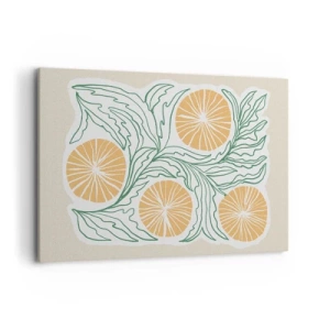 Quadro su tela - Stampe su Tela - Un motivo arancione minimalista con foglie verdi - 120x80cm - Etnicamente con una nota di astrazione - Decorazione murale moderna per soggiorno e camera da letto ARTTOR