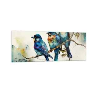 Quadro su vetro - Tre uccelli colorati su un ramo in stile acquerello - 140x50cm - Si è offeso? - Decorazione murale moderna per soggiorno e camera da letto ARTTOR