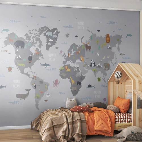 Fotomurali Autoadesivo Deluxe Sticker - Dimmi di dove sei... - Mappa del mondo, Animali, Continenti - 250x175 cm