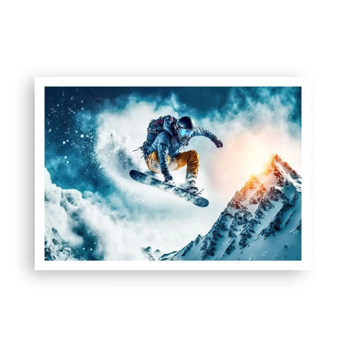 Poster - Uno snowboarder vola sopra le montagne innevate - 100x70cm - Emozioni estreme - Decorazione murale moderna per soggiorno e camera da letto ARTTOR