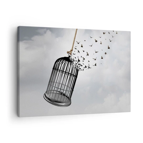 Quadro su tela - Stampe su Tela - Uccelli che volano fuori da una gabbia contro il cielo - 70x50cm - Fede... Speranza... Libertà! - Decorazione murale moderna per soggiorno e camera da letto ARTTOR