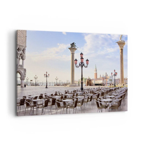 Quadro su tela - Stampe su Tela - Venezia, veduta della piazza con colonne e tavolini dei caffè - 120x80cm - Venite a tavola - Decorazione murale moderna per soggiorno e camera da letto ARTTOR