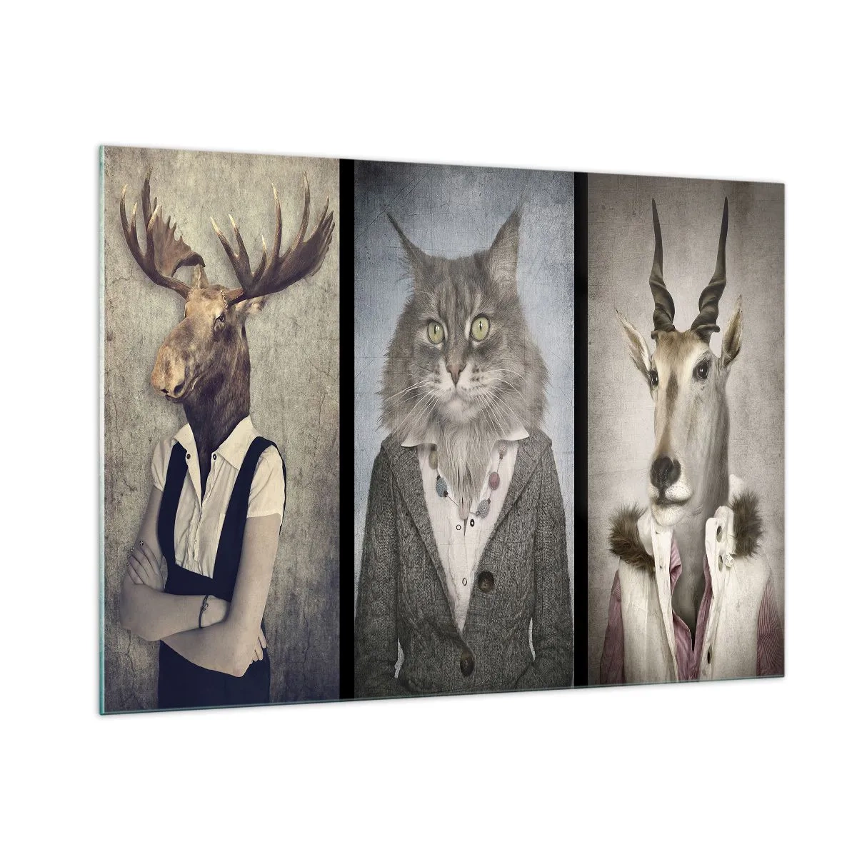 Quadro su vetro - Tre ritratti surreali di animali in eleganti costumi umani. - 100x70cm - Le pellicce sono nuovamente di moda - Decorazione murale moderna per soggiorno e camera da letto ARTTOR