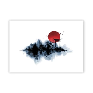 Poster - Sole rosso su un paesaggio pittoresco con torii - 100x70cm - Vista giapponese - Decorazione murale moderna per soggiorno e camera da letto ARTTOR