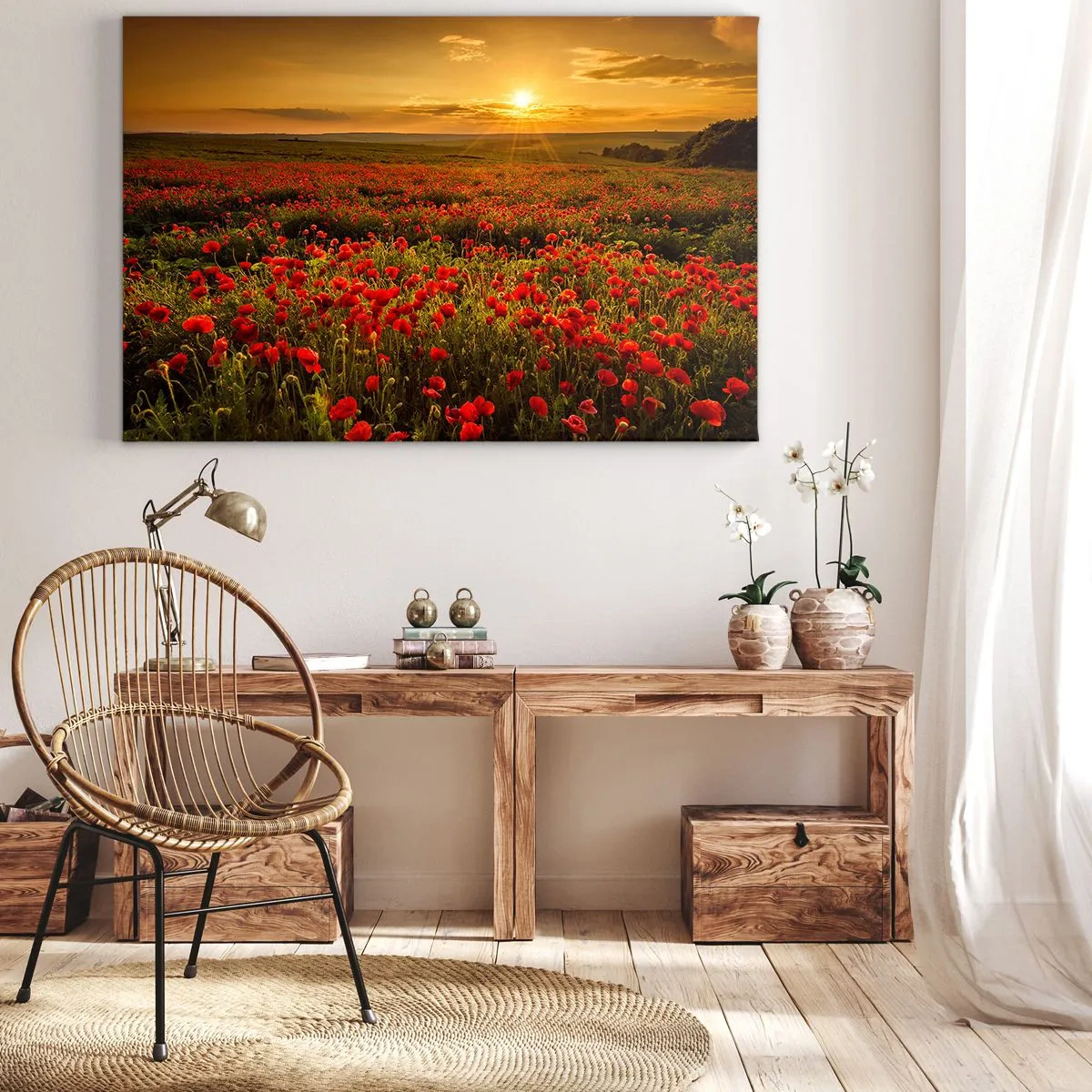 Quadro su tela - Stampe su Tela - Un campo di papaveri rossi al chiarore del sole al tramonto - 100x70cm - Tra il fruscio delle erbe, in un'esplosione di fiori - Decorazione murale moderna per soggiorno e camera da letto ARTTOR
