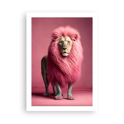 Poster - Un leone con la criniera rosa su uno sfondo rosa - 50x70cm - E non mette più paura - Decorazione murale moderna per soggiorno e camera da letto ARTTOR