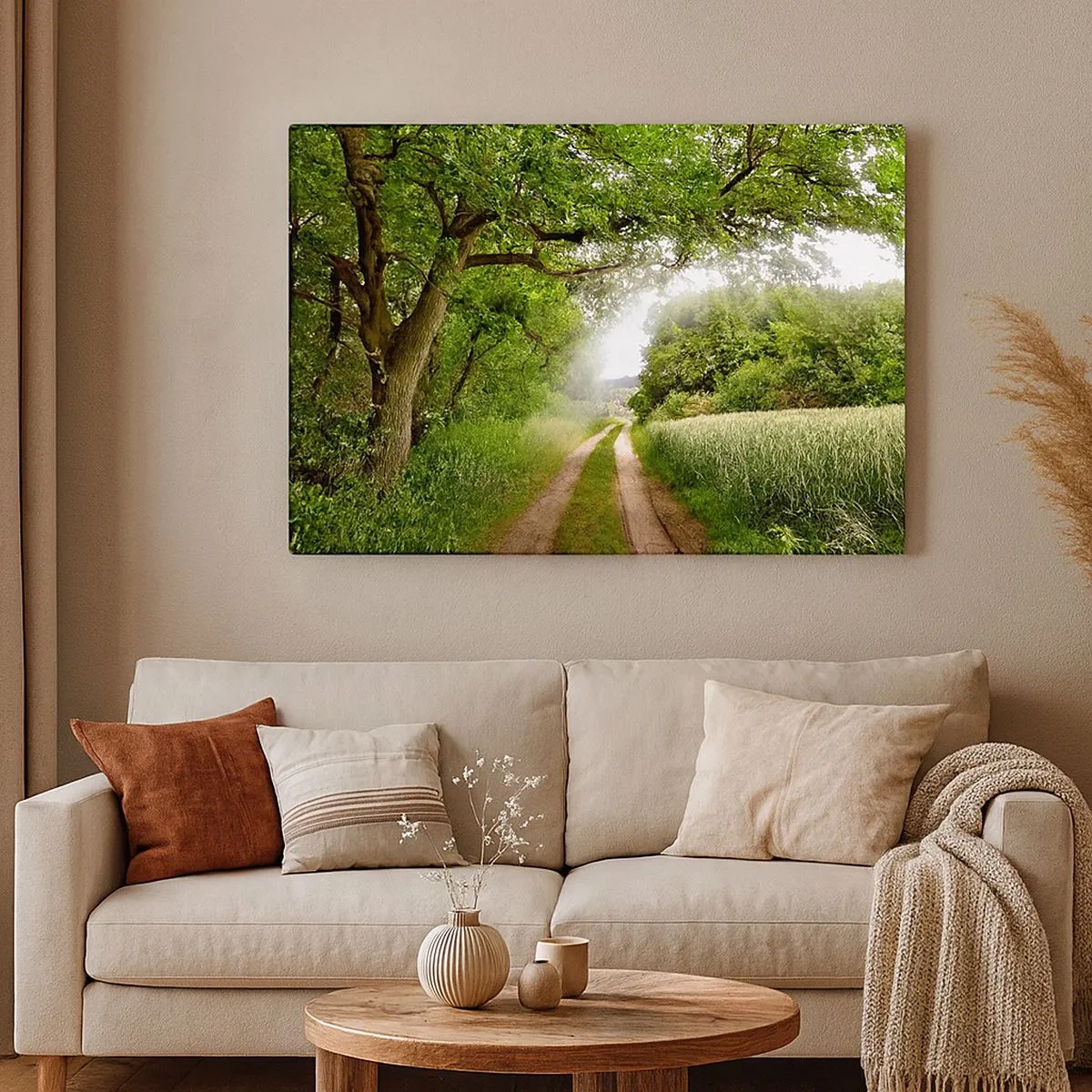 Quadro su tela - Stampe su Tela - Una strada sterrata tra alberi verdi e luce solare - 70x50cm - Et in Arcadia ego - Decorazione murale moderna per soggiorno e camera da letto ARTTOR