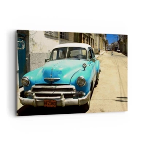 Quadro su tela - Stampe su Tela - Un'auto d'epoca blu sulla strada in una giornata di sole - 120x80cm - Evviva Cuba! - Decorazione murale moderna per soggiorno e camera da letto ARTTOR