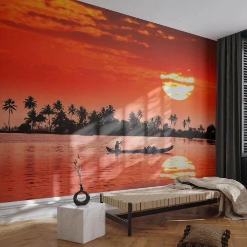 Fotomurali Premium Canvas - Tramonto tropicale con una barca e palme sullo sfondo - 100x70cm - La calma dei tropici al tramonto - Decorazione murale moderna per soggiorno e camera da letto ARTTOR