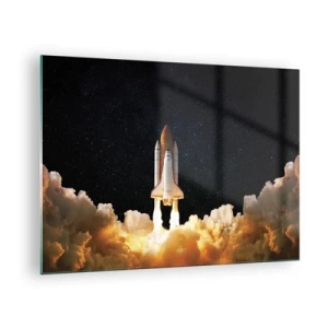 Quadro su vetro - Uno space shuttle in decollo contro un cielo stellato - 70x50cm - Ad astra! - Decorazione murale moderna per soggiorno e camera da letto ARTTOR