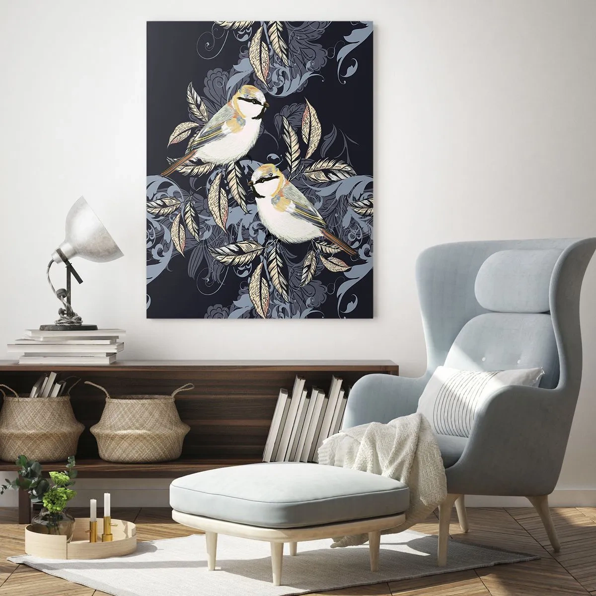 Quadro su vetro - Uccelli sui rami in uno sfondo ornamentale - 80x120cm - Cinguettio oro e blu - Decorazione murale moderna per soggiorno e camera da letto ARTTOR
