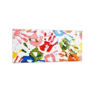 Quadro su vetro - Impronte di mani colorate su sfondo bianco - 120x50cm - Segui le tracce - Decorazione murale moderna per soggiorno e camera da letto ARTTOR