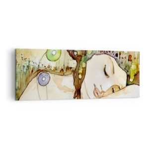 Quadro su tela - Stampe su Tela - Una donna che sogna circondata da forme e colori astratti. - 140x50cm - Sogno smeraldo e viola - Decorazione murale moderna per soggiorno e camera da letto ARTTOR