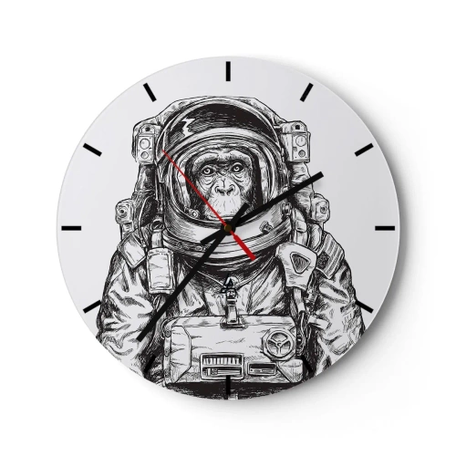 Orologio da parete - Orologio in Vetro - Uno schizzo in bianco e nero di una scimmia astronauta. - 30x30cm - Evoluzione alternativa - Decorazione murale moderna per soggiorno, cucina e camera da letto ARTTOR