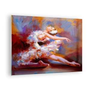 Quadro su vetro - Una ballerina in posa dinamica su uno sfondo di colori astratti. - 70x50cm - La grazia dei cigni - Decorazione murale moderna per soggiorno e camera da letto ARTTOR