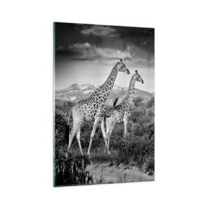 Quadro su vetro - Sagome in bianco e nero di due giraffe nella savana - 80x120cm - Alta classe in Africa - Decorazione murale moderna per soggiorno e camera da letto ARTTOR