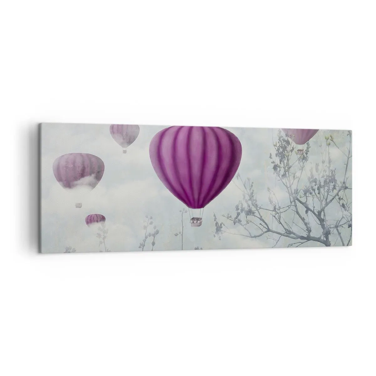 Quadro su tela - Stampe su Tela - Palloncini viola che fluttuano sopra gli alberi tra le nuvole - 140x50cm - Come navi nel cielo - Decorazione murale moderna per soggiorno e camera da letto ARTTOR