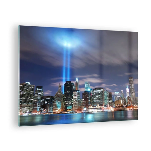 Quadro su vetro - Panorama serale della città con i riflettori - 70x50cm - Toccare il cielo con la luce - Decorazione murale moderna per soggiorno e camera da letto ARTTOR