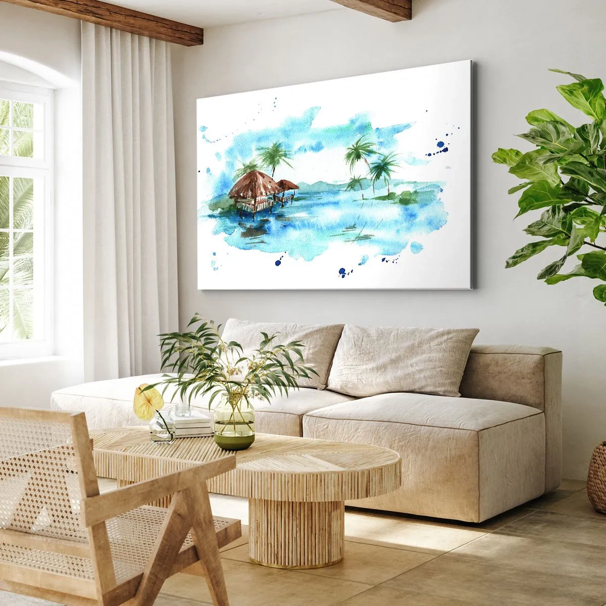 Quadro su tela - Stampe su Tela - Dipinto ad acquerello di un paesaggio tropicale con case e palme - 100x70cm - Da qualche parte nel Pacifico - Decorazione murale moderna per soggiorno e camera da letto ARTTOR