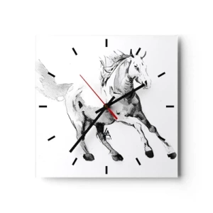 Orologio da parete - Orologio in Vetro - Schizzo di un cavallo al galoppo nei toni del bianco e nero - 30x30cm - Anima indomabile - Decorazione murale moderna per soggiorno e camera da letto ARTTOR