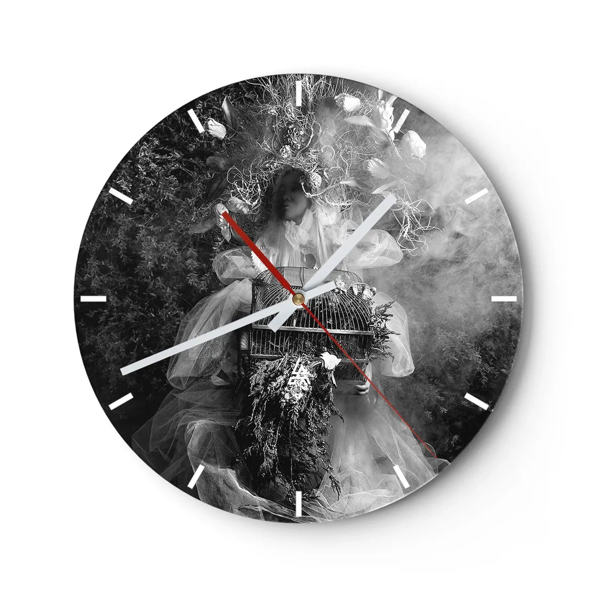 Orologio da parete - Orologio in Vetro - Figura artistica con una gabbia e una composizione floreale nel fumo - 30x30cm - Madre natura stessa - Decorazione murale moderna per soggiorno, cucina e camera da letto ARTTOR