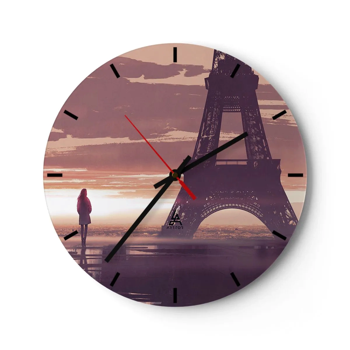 Orologio da parete - Orologio in Vetro - Silhouette di una persona di fronte alla Torre Eiffel al tramonto - 30x30cm - Solo loro due - Decorazione murale moderna per soggiorno, cucina e camera da letto ARTTOR