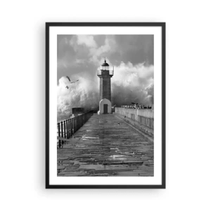 Poster in cornice nera - Un faro bianco e nero circondato dalle onde - 50x70cm - Senza paura - Decorazione murale moderna per soggiorno e camera da letto ARTTOR