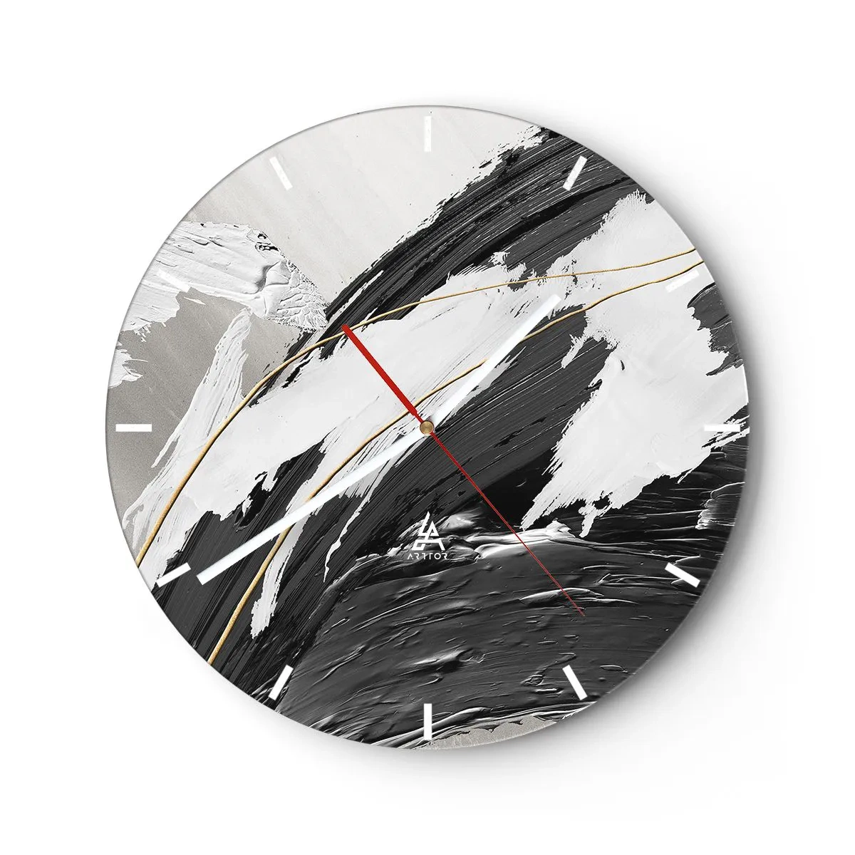 Orologio da parete - Orologio in Vetro - Pennellate dinamiche in nero, bianco e grigio - 30x30cm - Astrazione con sfarzo - Decorazione murale moderna per soggiorno, cucina e camera da letto ARTTOR