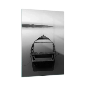 Quadro su vetro - Una vecchia barca su una superficie calma dell'acqua in bianco e nero - 50x70cm - Nostalgia e malinconia - Decorazione murale moderna per soggiorno e camera da letto ARTTOR
